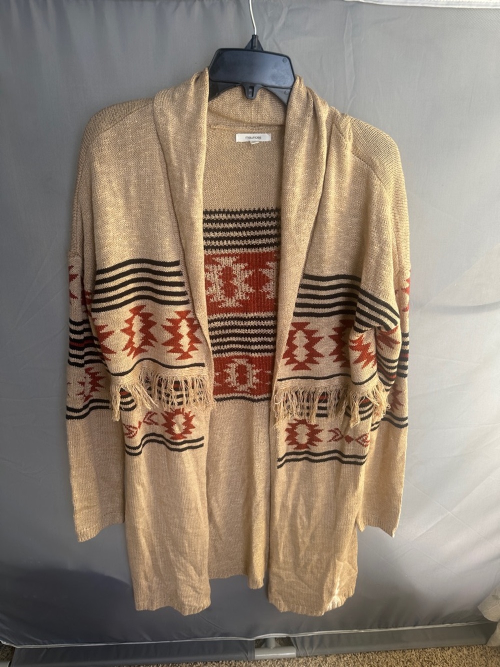 Maurices Tan Cardigan with Rust & Black Aztec Pattern